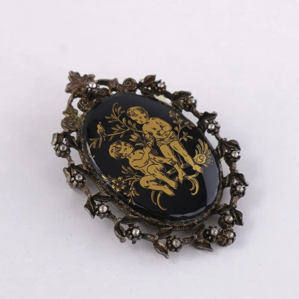 Vintage Gemini Zodiac Brooch Black Gold Glass Two Boys Garden Silver Filigree 2